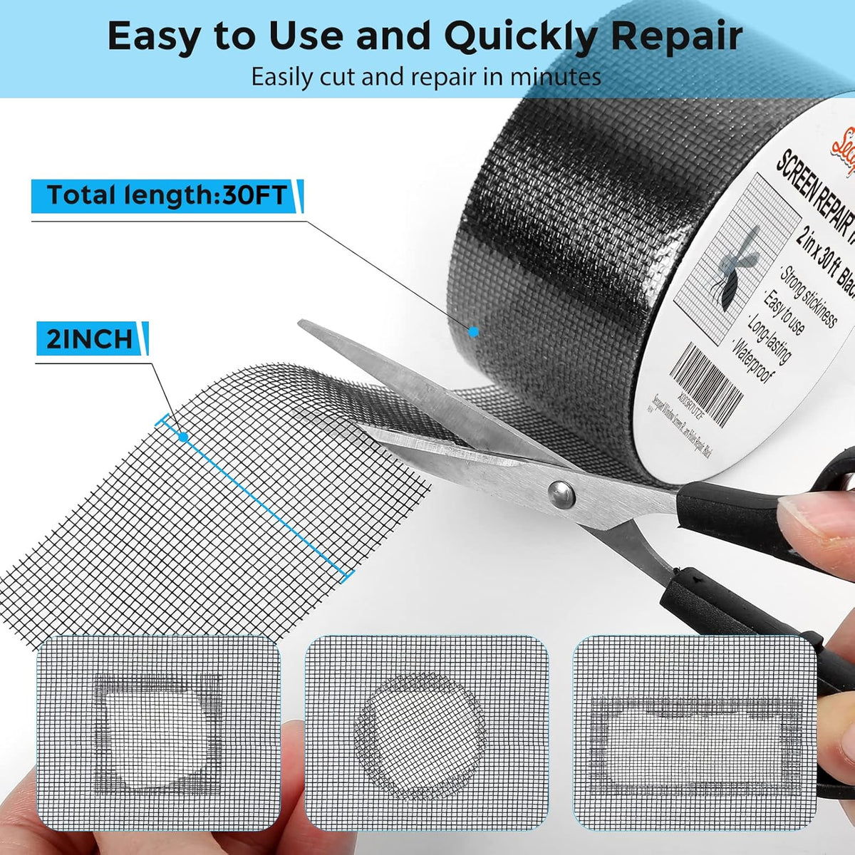 2" x 360" (30FT) Screen Repair Tape, Screen Repair Kit, Black