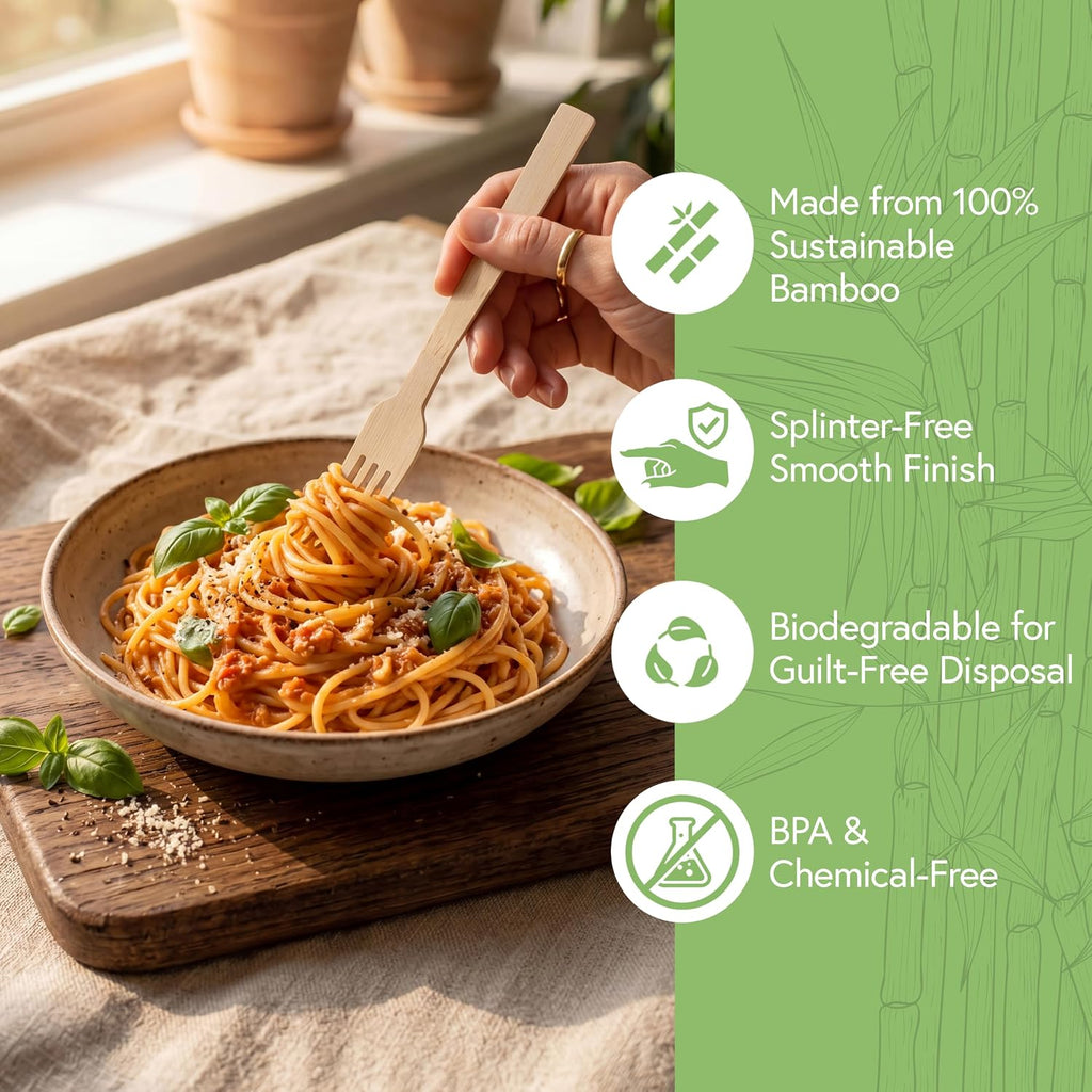 100% Bamboo Forks Set, 100 Pack, Disposable Compostable Cutlery
