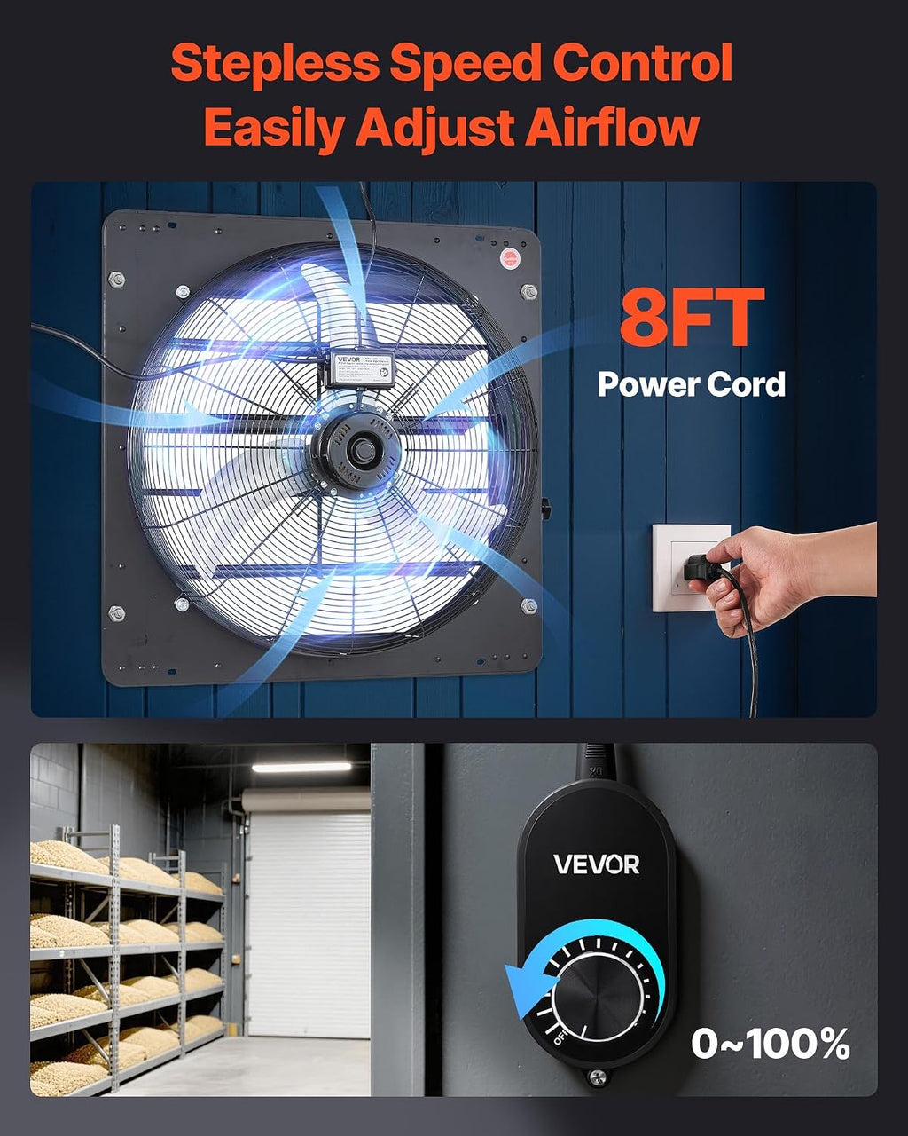 VEVOR 24'' Exhaust Fan, Wall Mounted Attic Fan with Variable Speed controller, 4800 CFM, Automatic Shutter, Ventilation and Cooling, Black