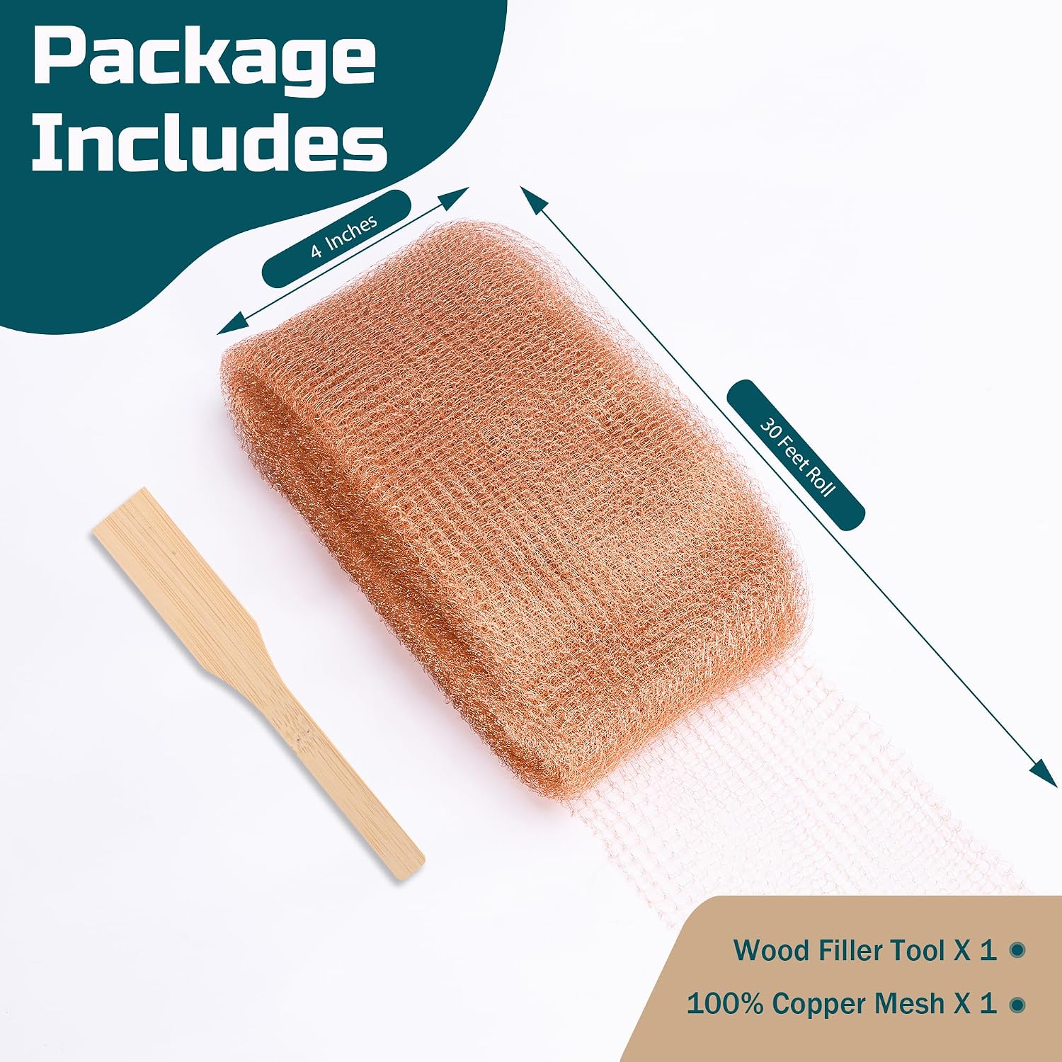 Copper Mesh Rodent Control Kit, 4in x 30ft Rustproof Pure Copper Mesh Roll | Ideal for Slug Snail Mice Control