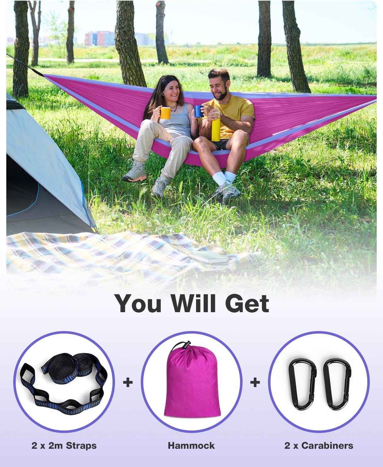 Camping Hammock, Lightweight Parachute Hammock Up to 700lbs with 2 Tree Straps and Attached Carry Bag Portable