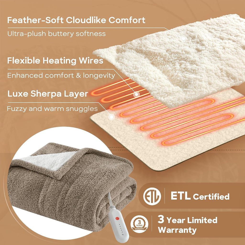 Heated Blanket, Eletric Throw Blanket, Soft, Warm, Reversible Feathersoft - Sherpa Heating Blanket Throw, 5 Lv