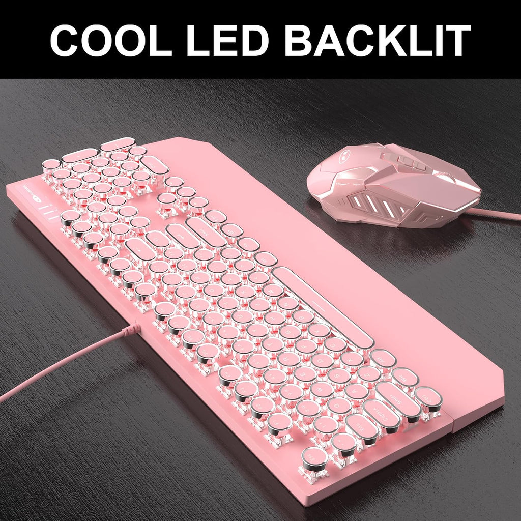 Retro Pink Typewriter-Style Keyboard and Mouse Combo, Cute Light Up Wired Mechanical Keyboard with Linear Red