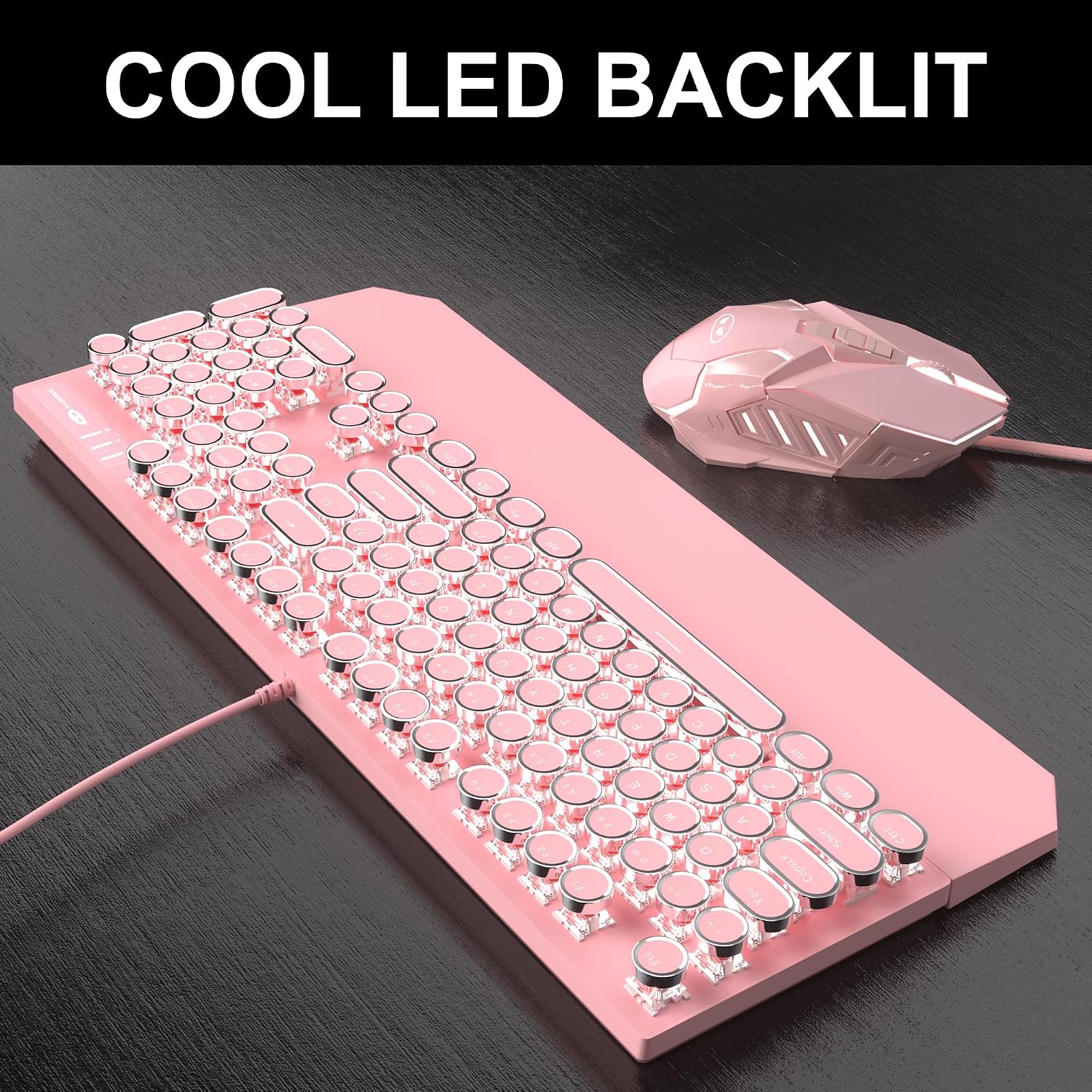 Retro Pink Typewriter-Style Keyboard and Mouse Combo, Cute Light Up Wired Mechanical Keyboard with Linear Red