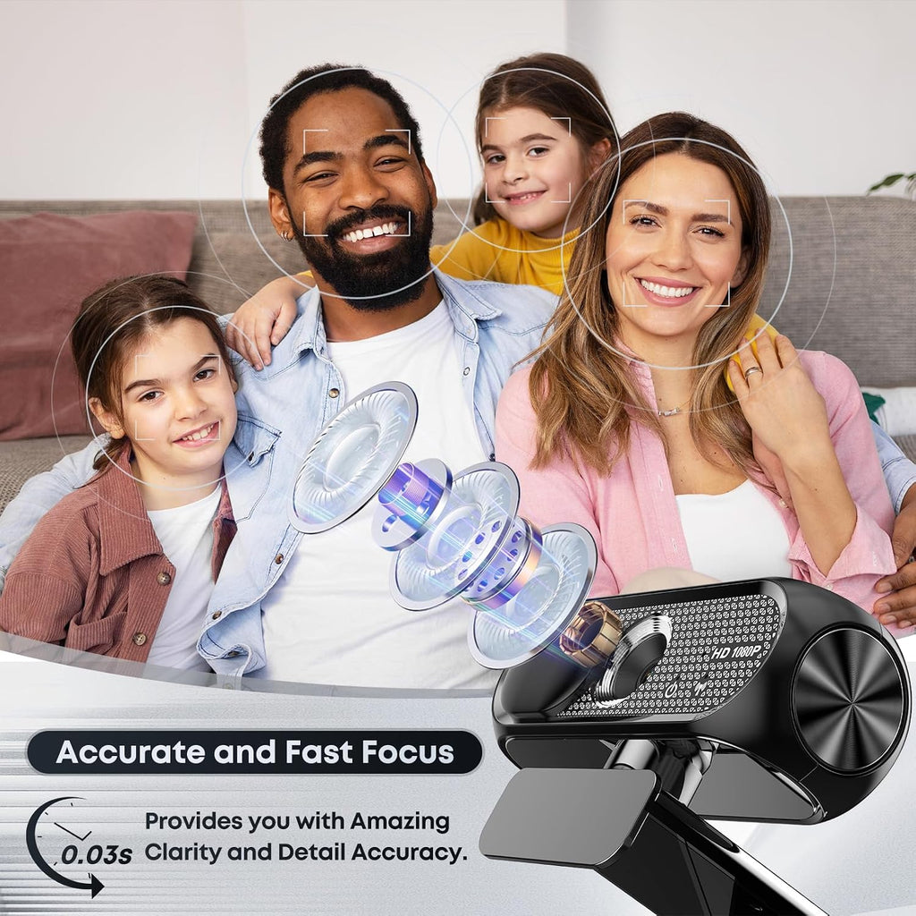 1080P HD Webcam with Microphone, Noise Cancellation, Privacy Cover, Wide-Angle Lens, Auto Light Correction, Plug &