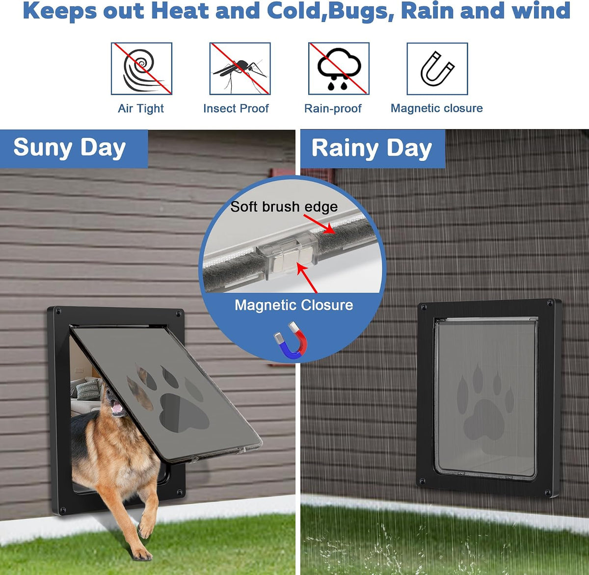 Large Dog Door for Wall, Weatherproof Pet Door for Cats and Dogs Up to 100 lb, Durable, Telescoping Tunnel, Snap-in