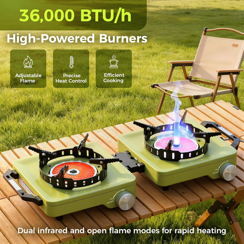 Propane Camping Stove 2 Burner, 36,000 BTU Infrared & Open Flame Hybrid, Windproof Folding Portable Outdoor Gas