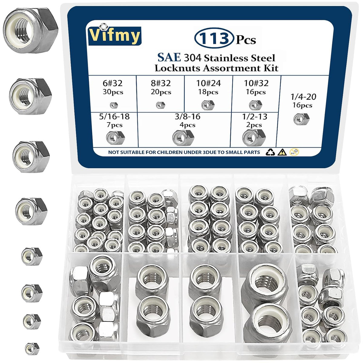 SAE Lock Nut Assortment Kit 113Pcs, #6-1/2 Stainless Locking Nut