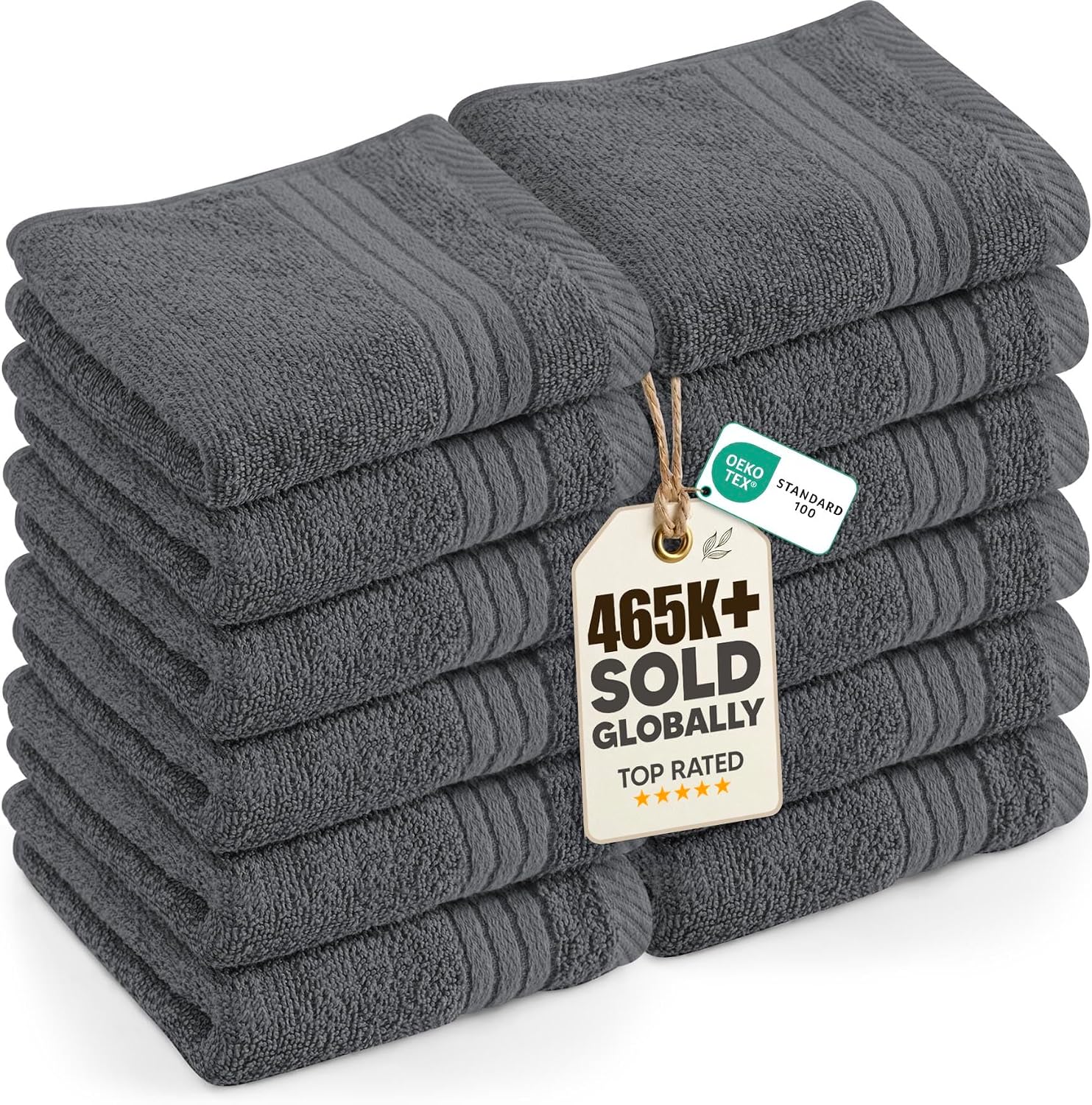 12 Pack Premium Wash Cloths, 12x12 in, 100% Cotton, Grey | Highly Absorbent Soft Feel Lightweight Washcloths