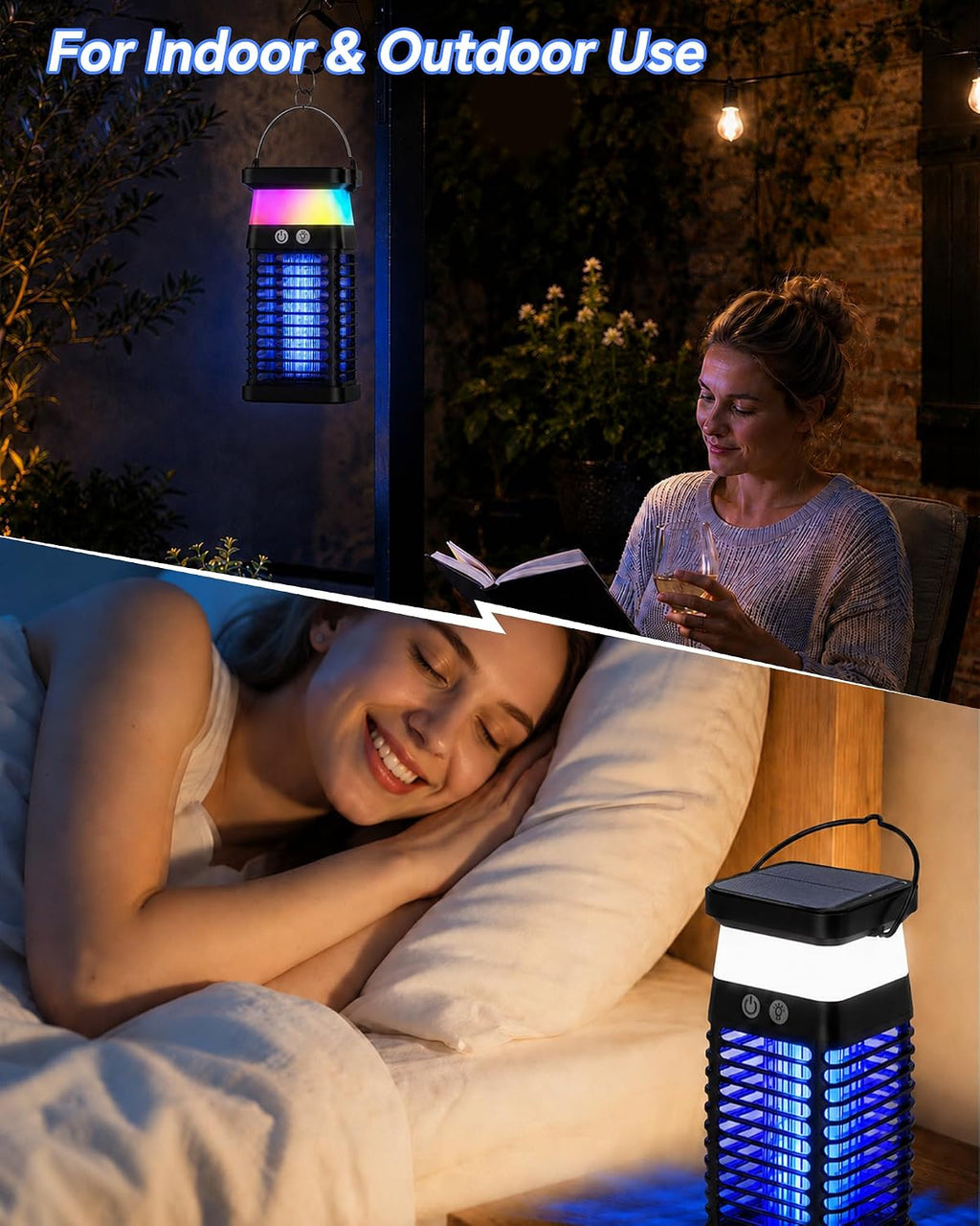 Solar Bug Zapper Outdoor/Indoor, 4000V Electric Mosquito Zapper with Flickering Flame & RGB Atmosphere Light