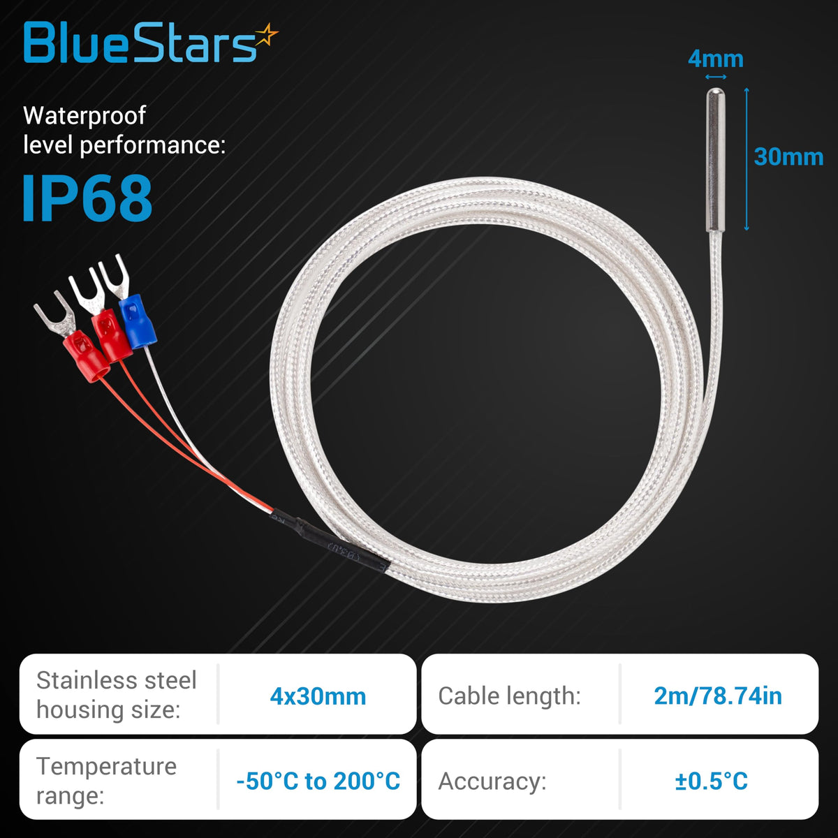 BlueStars PT100 3-Wire (4×30MM) Waterproof Temperature Sensor Probe 6.6Ft