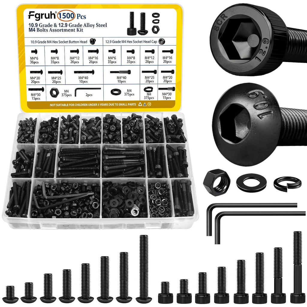 1500PCS M4 Hex Socket Cap Head & Button Head Screws and Nuts Kit