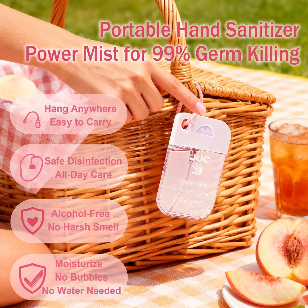 Power Mist Hand Sanitizer Spray - 1.3fl.oz Peach Scent with Keychain Antibacterial Hydrating for Travel & Daily