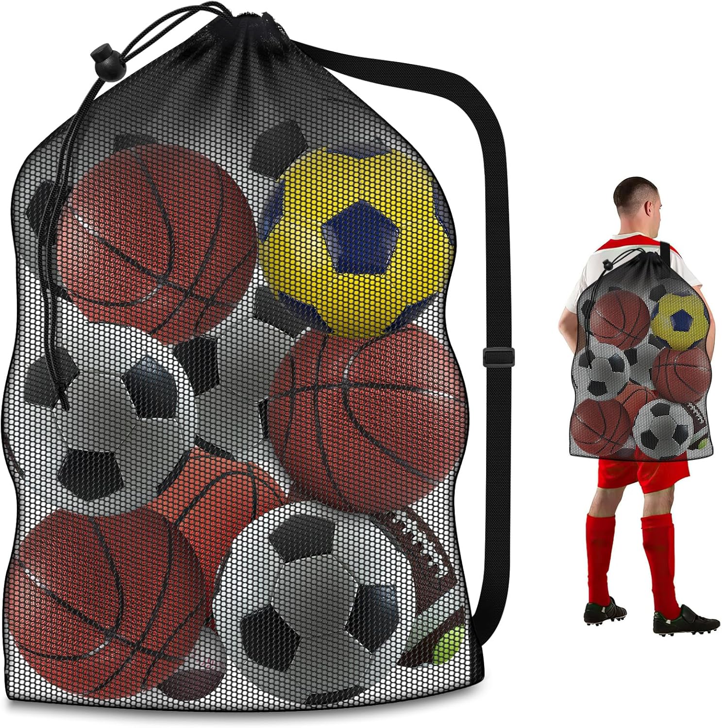 Extra Large Mesh Ball Bag, Heavy Duty 40"x30" Hold 10-12 Soccer Basketball | Drawstring & Adjustable Shoulder Strap