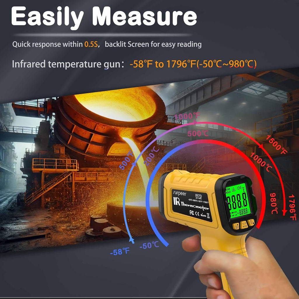 Infrared Thermometer Temperature Gun 1796°F, 50:1