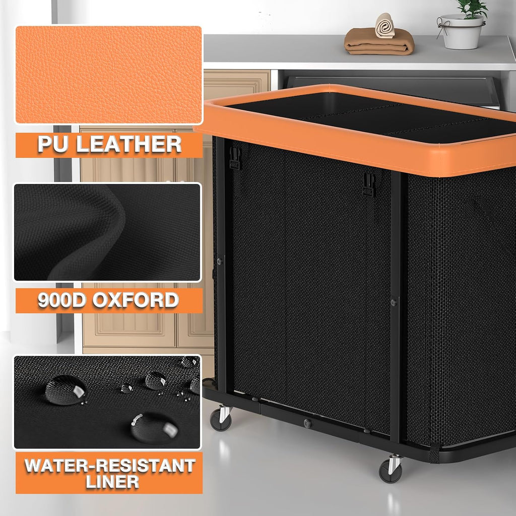 Laundry Basket with Wheels, 230L Leather Patchwork Laundry Sorter 3 Section | Sturdy Metal Frame, Removable Washable