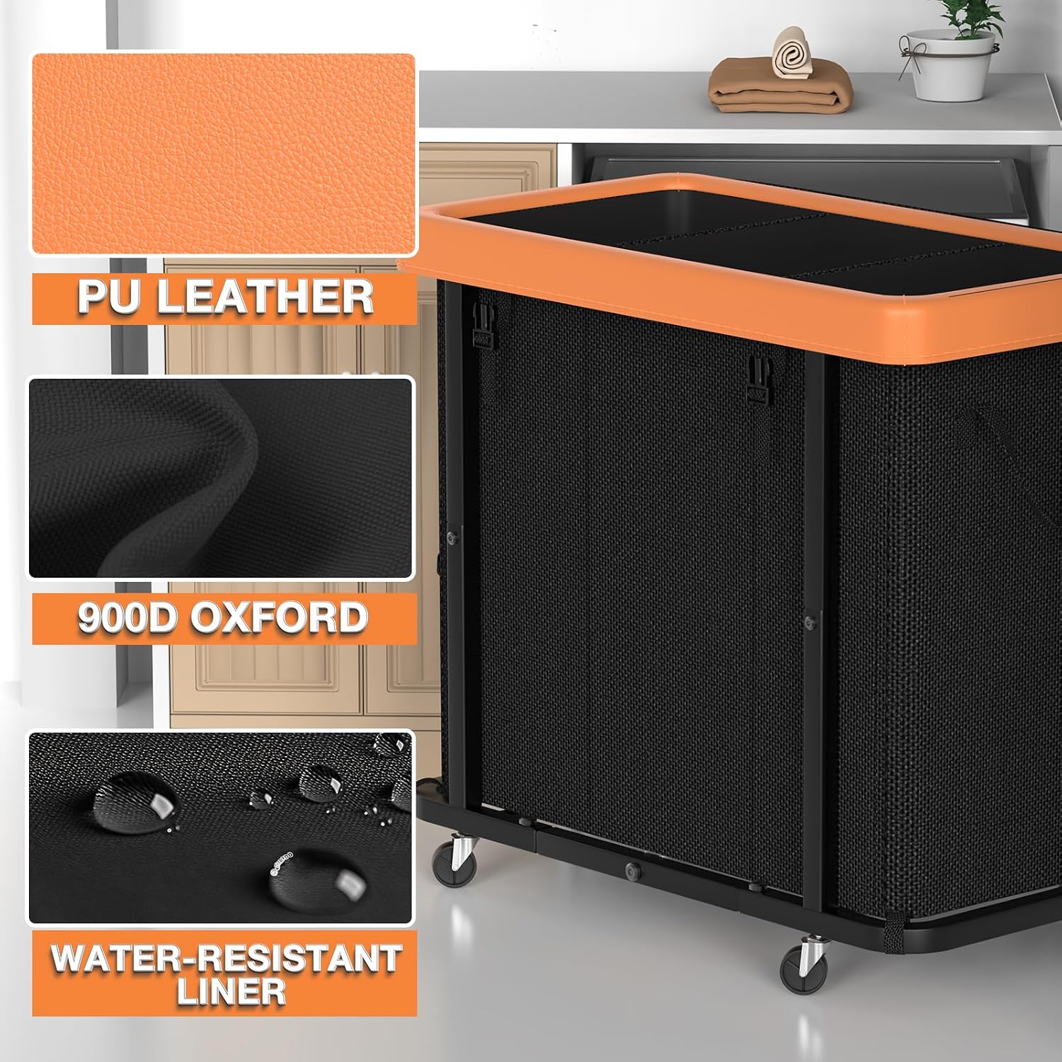 Laundry Basket with Wheels, 230L Leather Patchwork Laundry Sorter 3 Section | Sturdy Metal Frame, Removable Washable