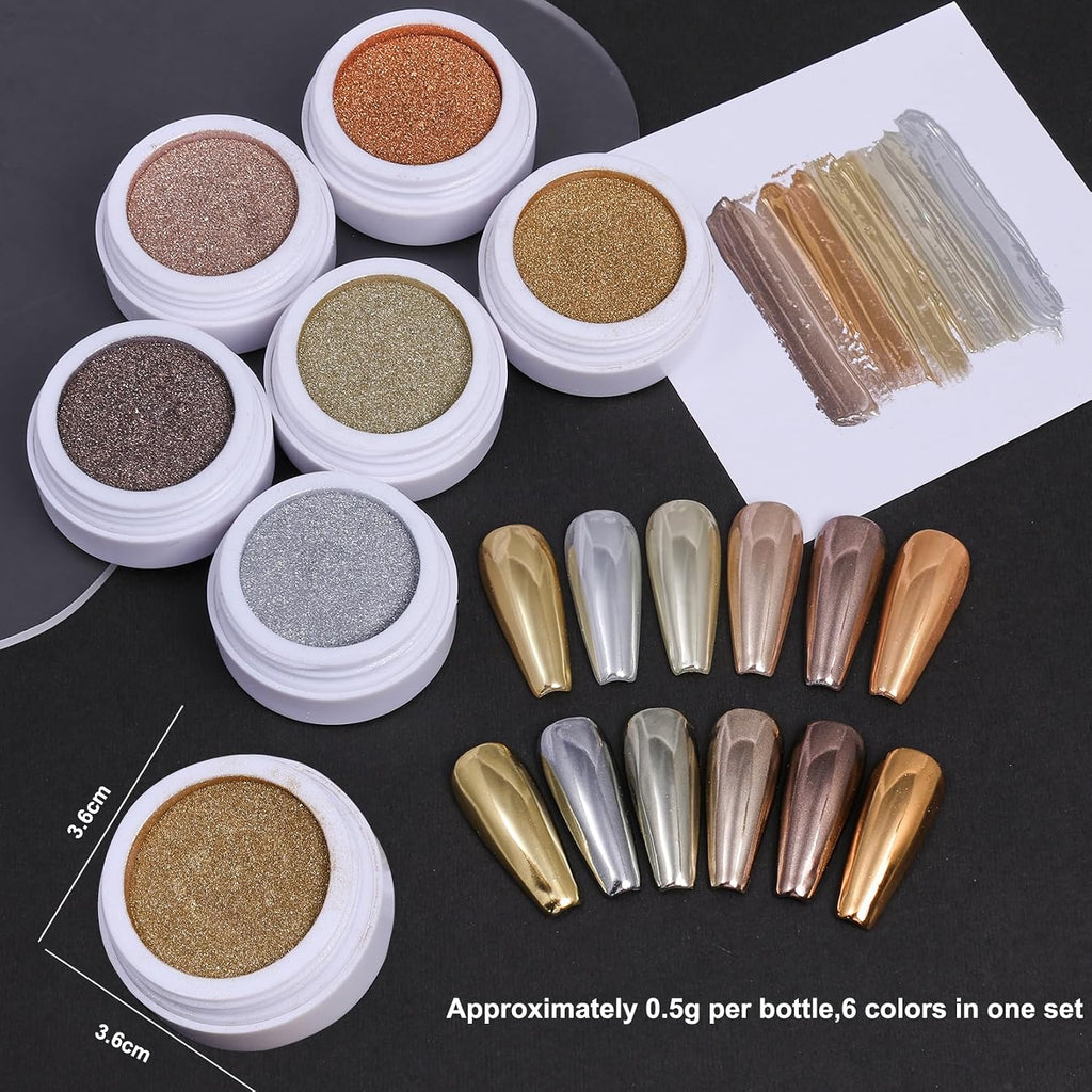 Metallic Chrome Nail Powder Set 6 Colors Magic Brown Copper Mirror Chrome Powder for Nails Holographic Glitter Gold