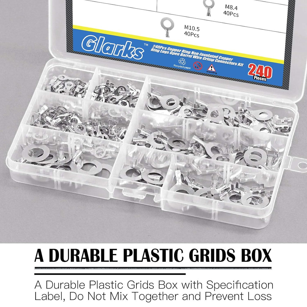 240Pcs Copper Ring Terminal Assortment Set Non-Insulated Copper Ring Lugs Open Barrel Wire Crimp Connectors Kit