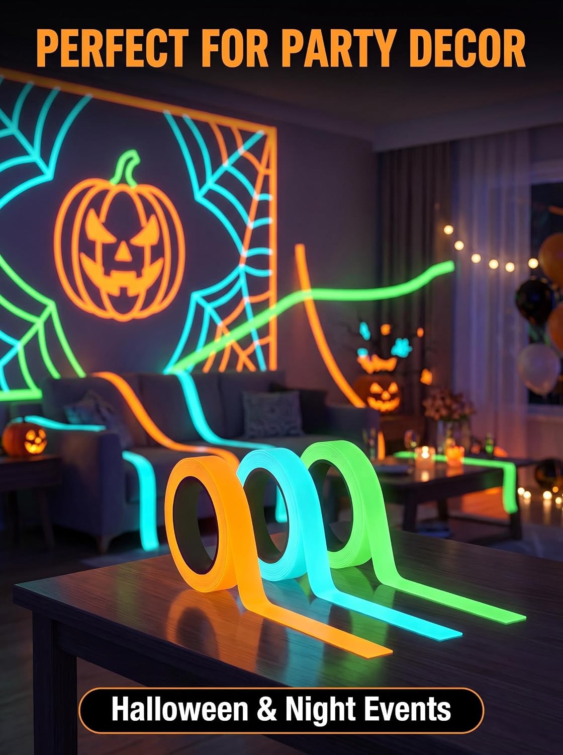 Glow in the Dark Tape, 3-Rolls, 1" x10FT Each, Adhesive, Luminous