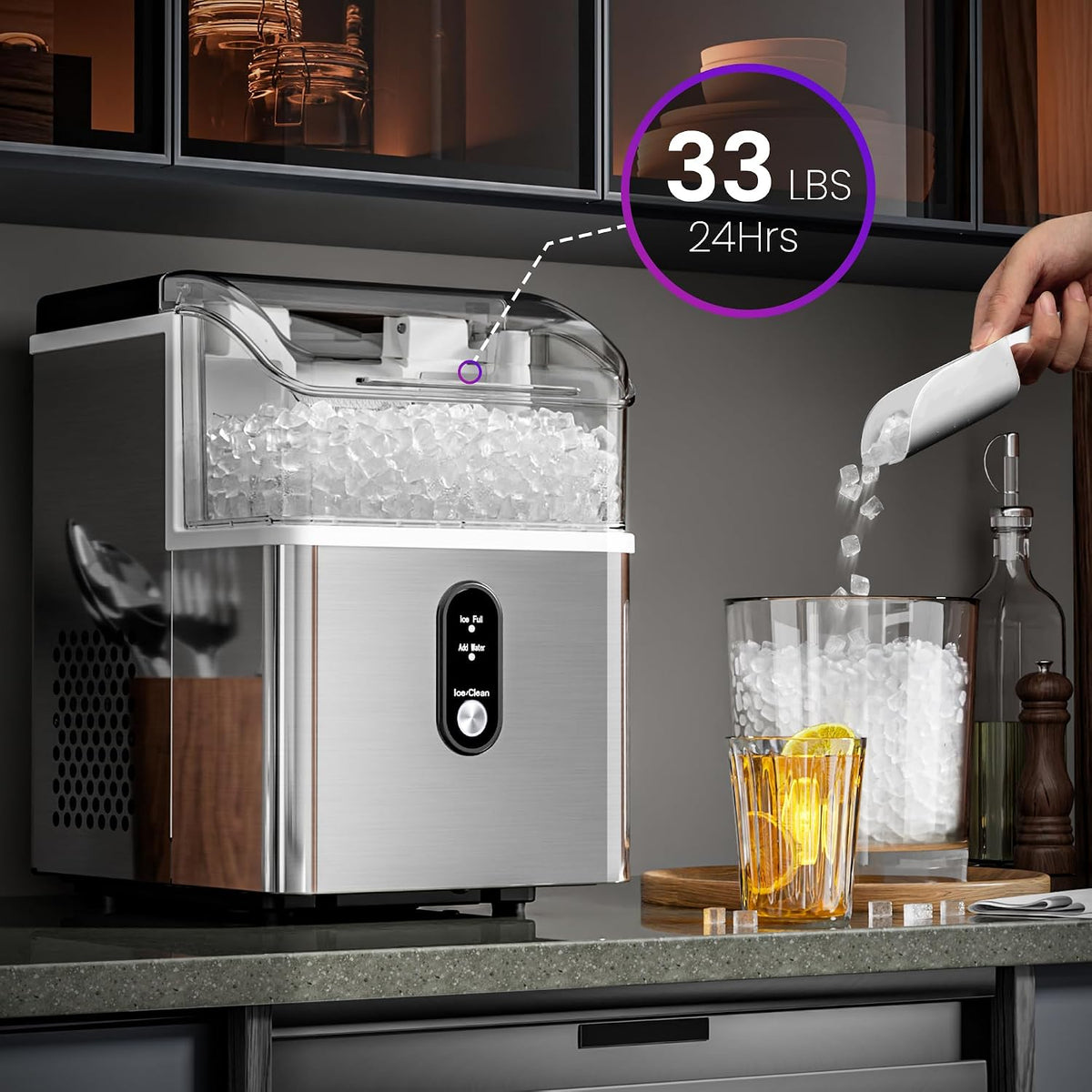 Nugget Ice Maker Countertop, 33 Lbs/Day,Self-Cleaning,Steel