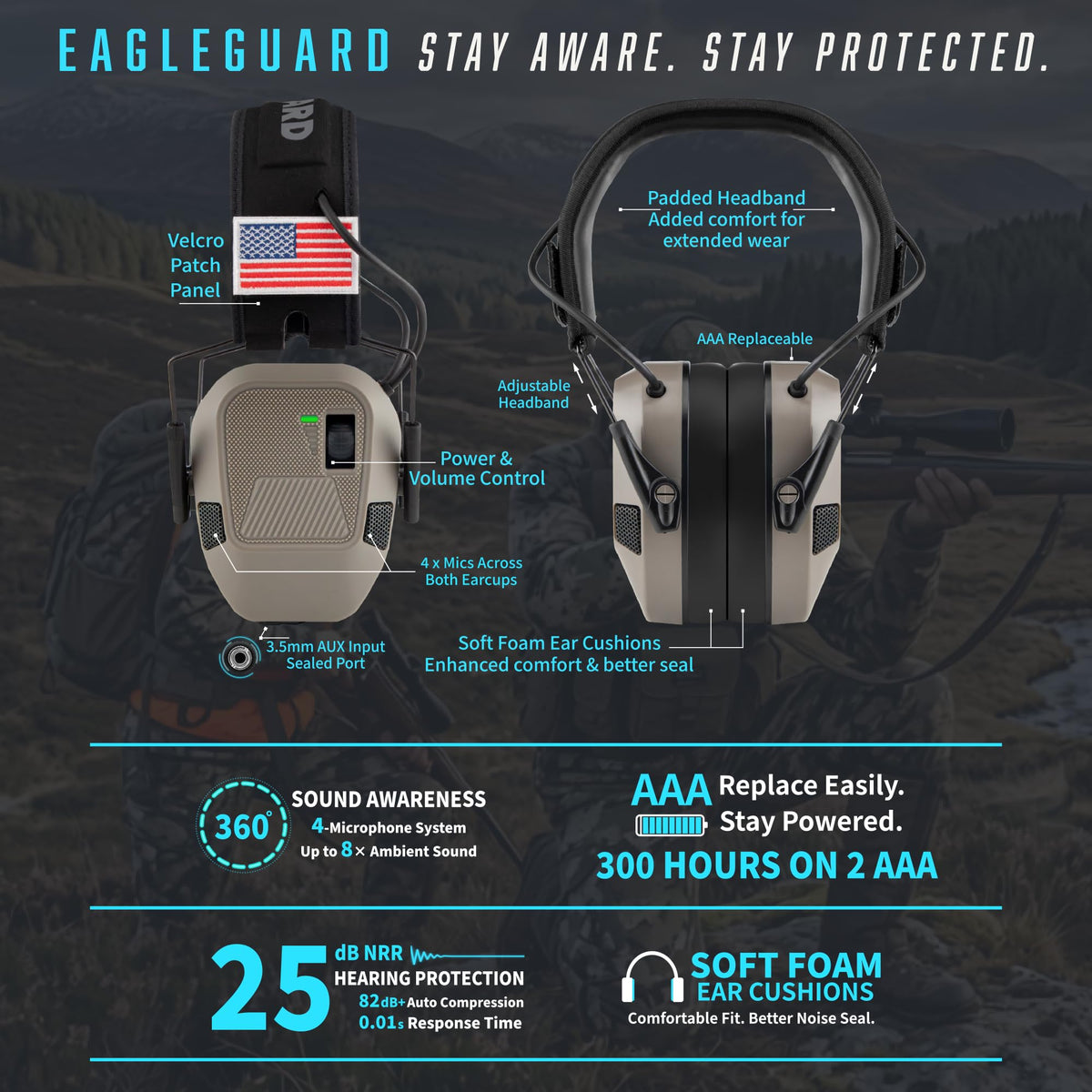 Shooting Ear Protection Earmuffs, AAA Battery, Flat Dark Earth