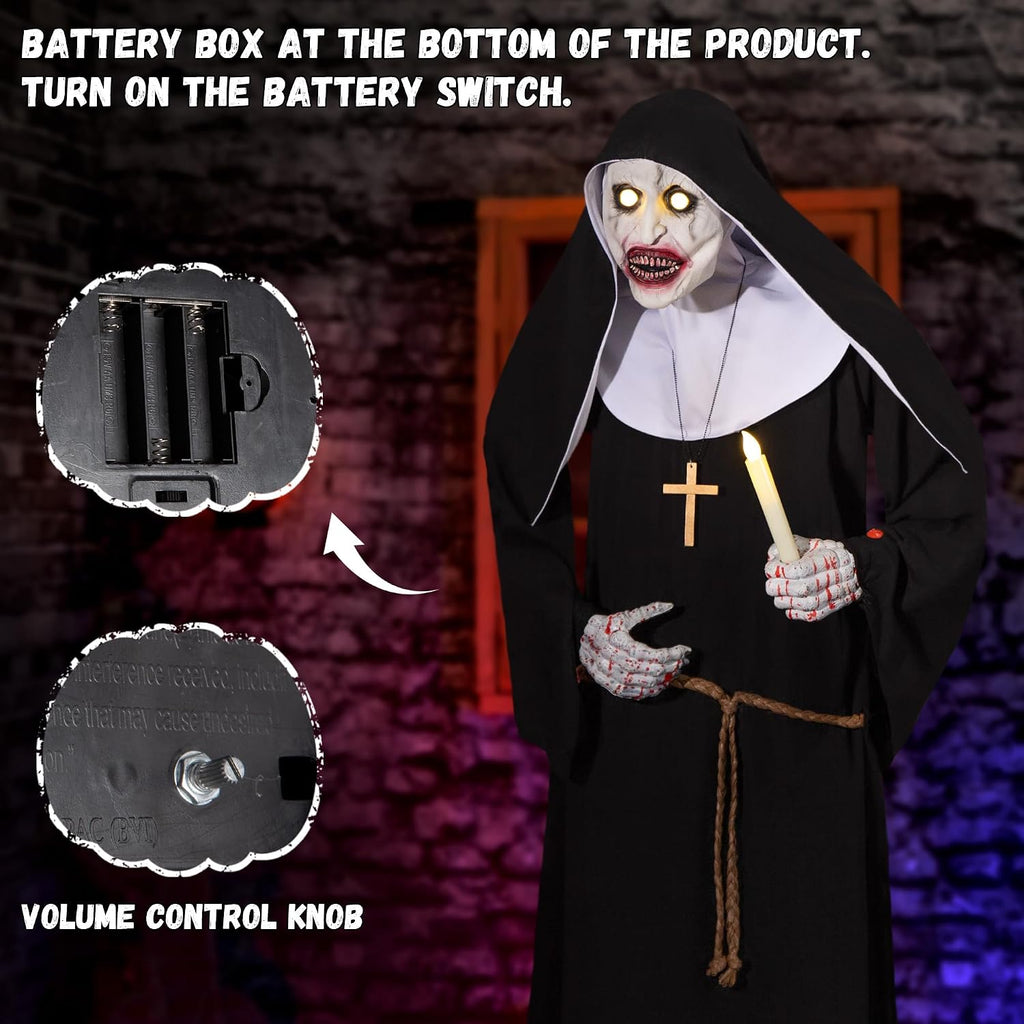 Halloween Animatronics 6ft Nun Animated 72inch Sister Decoration with Motion Sensor Activated, Creepy Sound, Scary