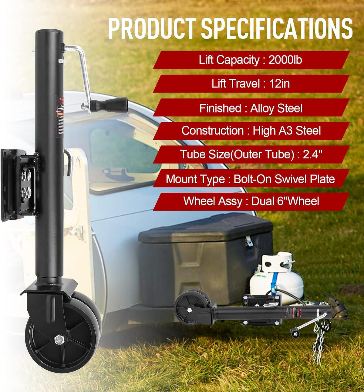 2000 lbs Dual Wheel Trailer Jack, Heavy-Duty Swivel Tongue Jack with 6" Double Caster Wheels, 12" Lift Range for