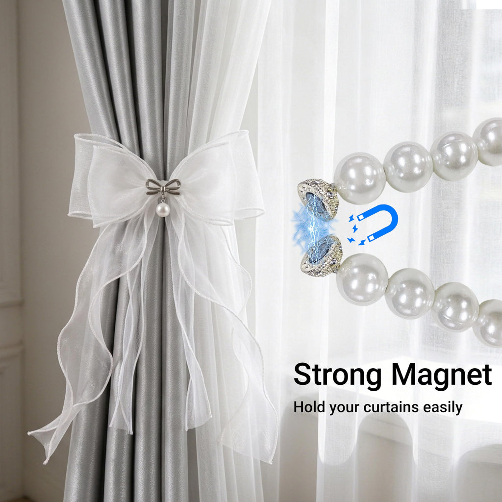 Pearl Bow Magnetic Curtain Tiebacks for Home Decor (2, White)