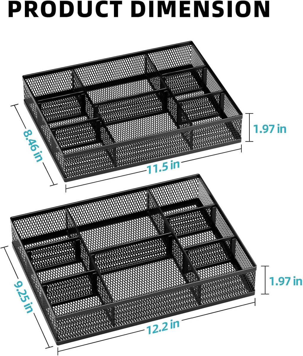 2 Pack Desk Drawer Organizer, Mesh Drawer Organizer Tray with 8 Adjustable Compartments, Desk Organizers and