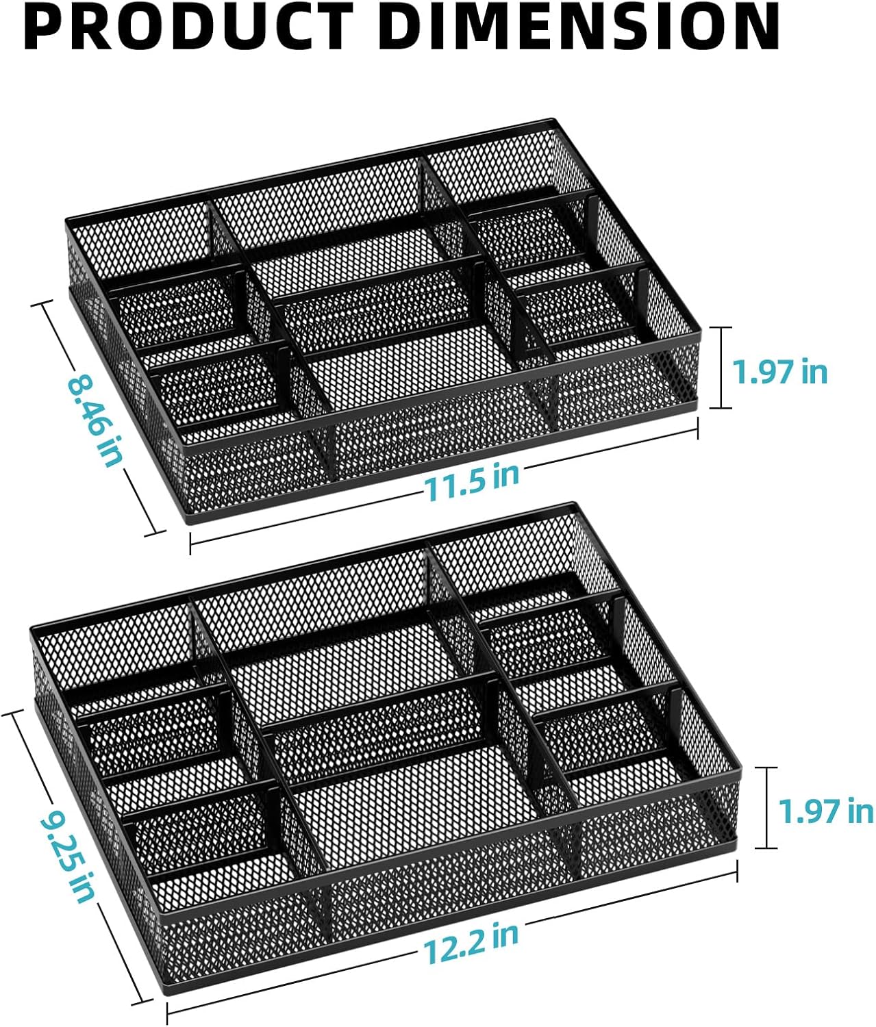 2 Pack Desk Drawer Organizer, Mesh Drawer Organizer Tray with 8 Adjustable Compartments, Desk Organizers and