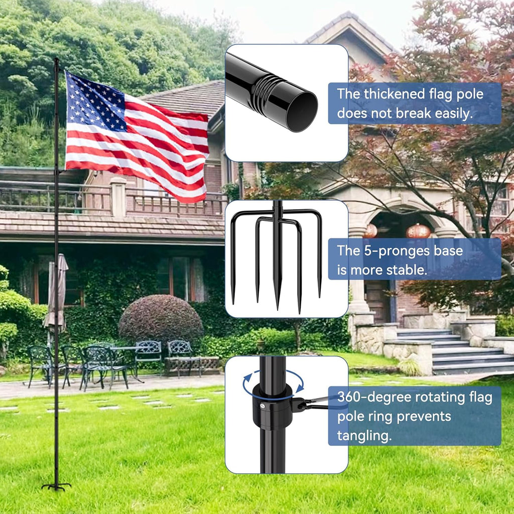 10 FT Flag Pole in Ground, Heavy Duty Flag Pole Holder for Outside House with 5 Pronges Base, Extra Thick Flag Pole
