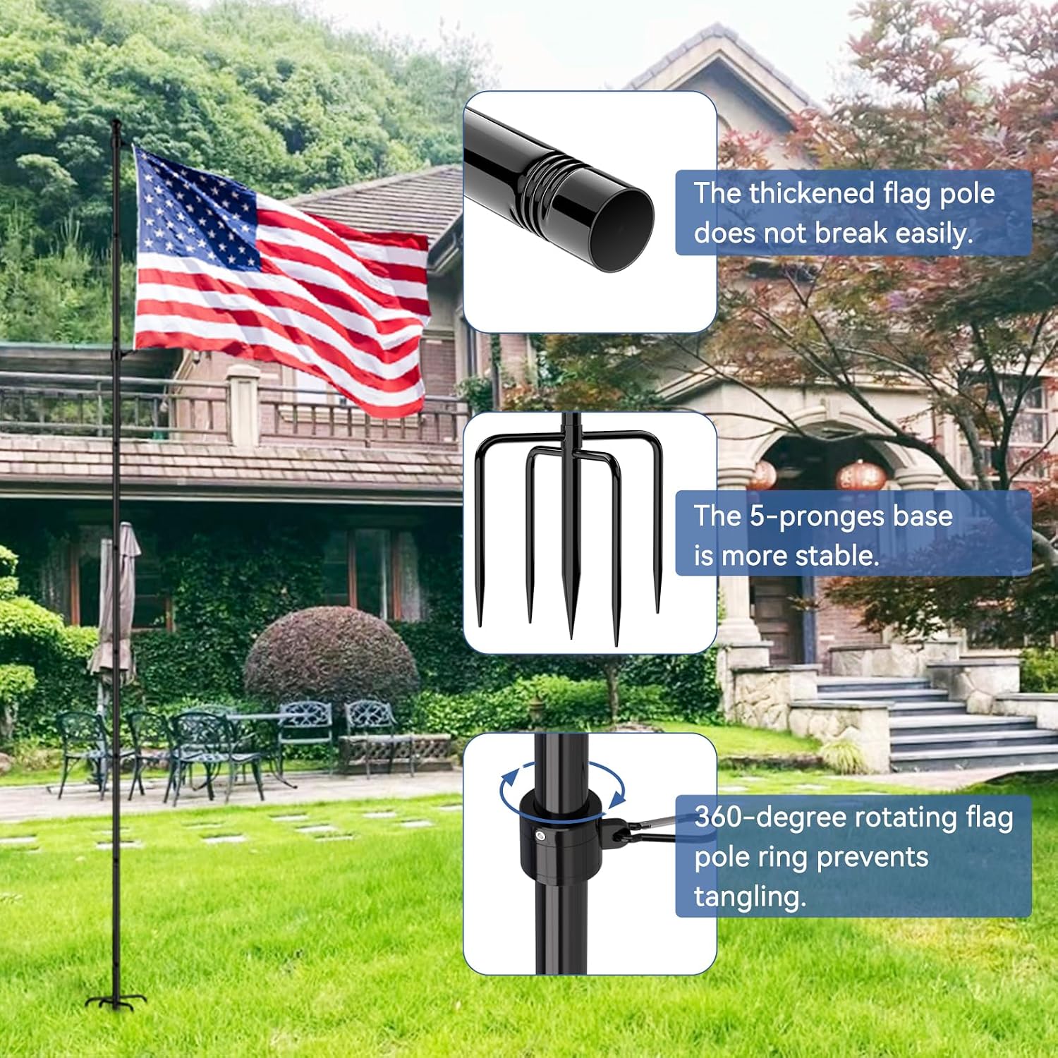 10 FT Flag Pole in Ground, Heavy Duty Flag Pole Holder for Outside House with 5 Pronges Base, Extra Thick Flag Pole