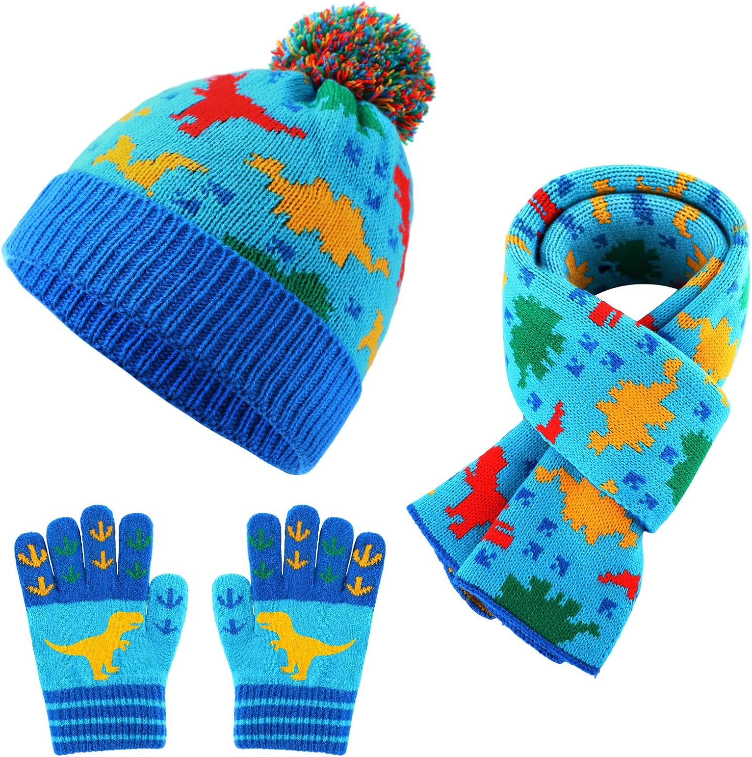 Kids Winter Hat Gloves Scarf Set Dinosaur Children Hat Beanie with Pom Winter Knit Neck Mittens for Boys Toddlers