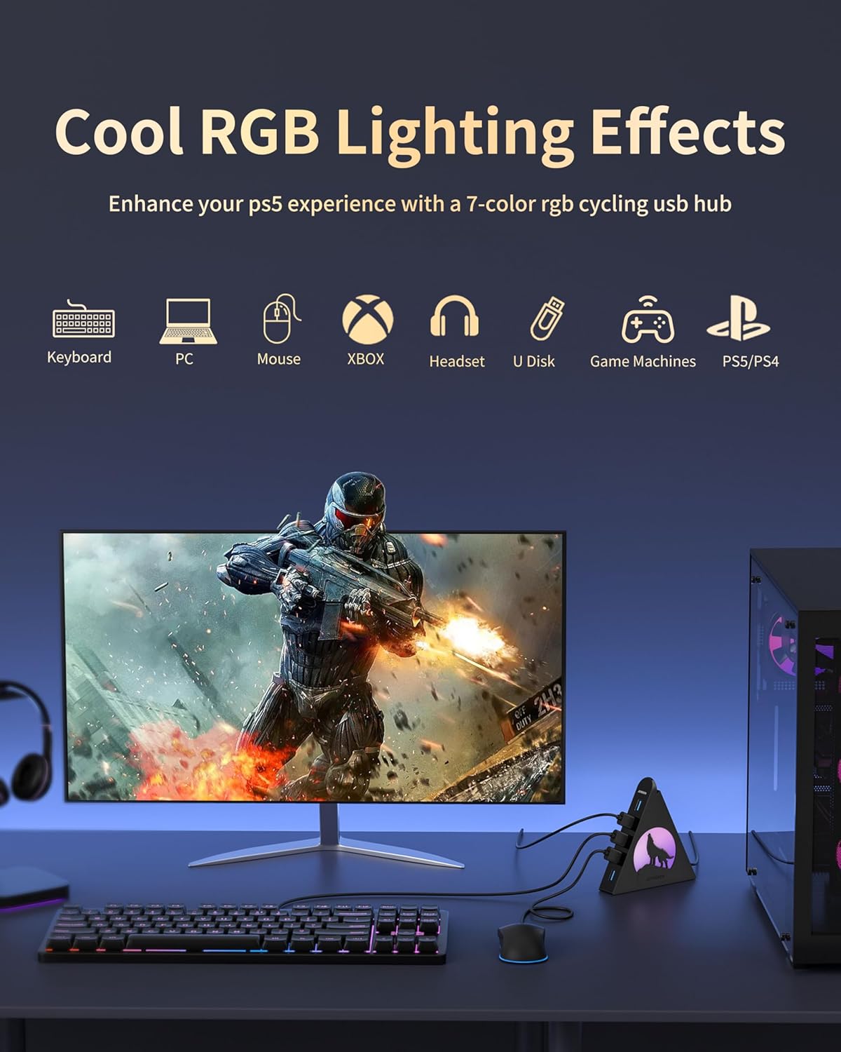 7-Port USB 3.0 Hub, Vertical USB Hub Splitter with RGB Lighting,5Gbps High-Speed Data Transfer and 2FT Extension