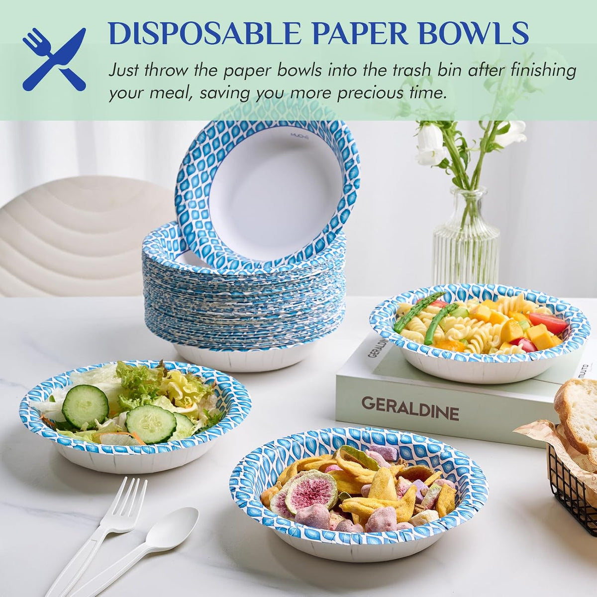 20 oz Paper Bowls, 180 Count Printed Disposable Large Bowls Bulk