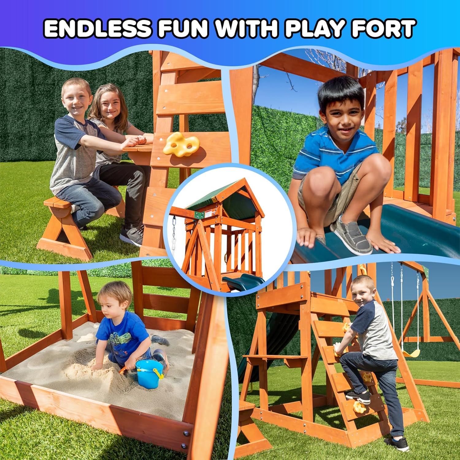 Scottsdale Cedar Wood Swing Set: 2 Adjustable Swings, Sandbox, Rock Climber, Covered Deck, 1 Slide - Exceeds ASTM
