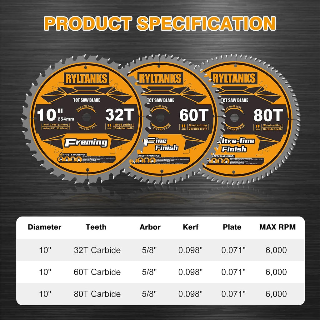 10 Inch Table Saw Blade/Miter Saw Blade, 5/8" Arbor, 32T for Framing&60T for Fine Finish&80T for Ultra Fine Finish