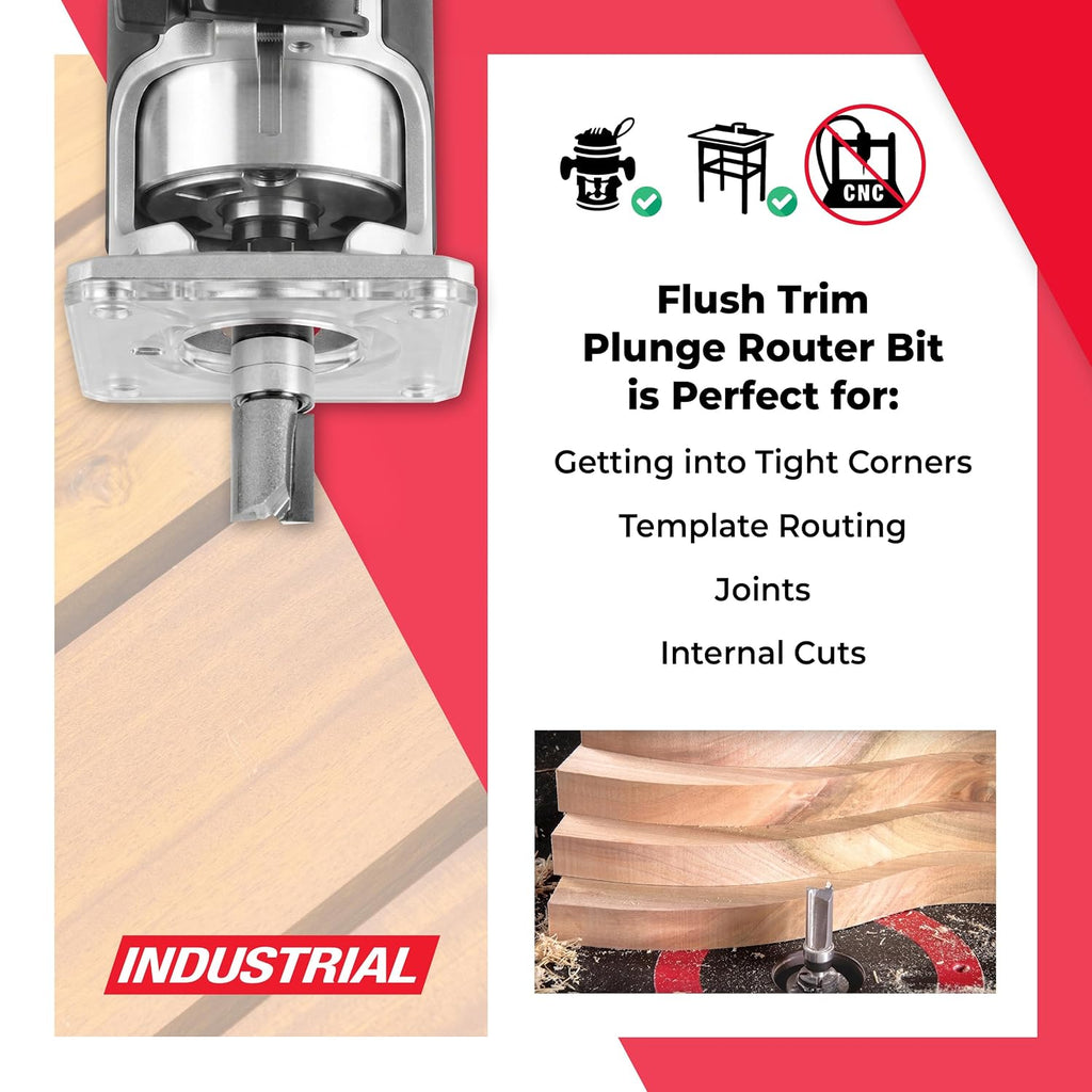 45475 Carbide Tipped Flush Trim Plunge Template Router Bit 3/8 Dia x 1/2 x 1/4 Inch Shank with 2 Upper Ball Bearings