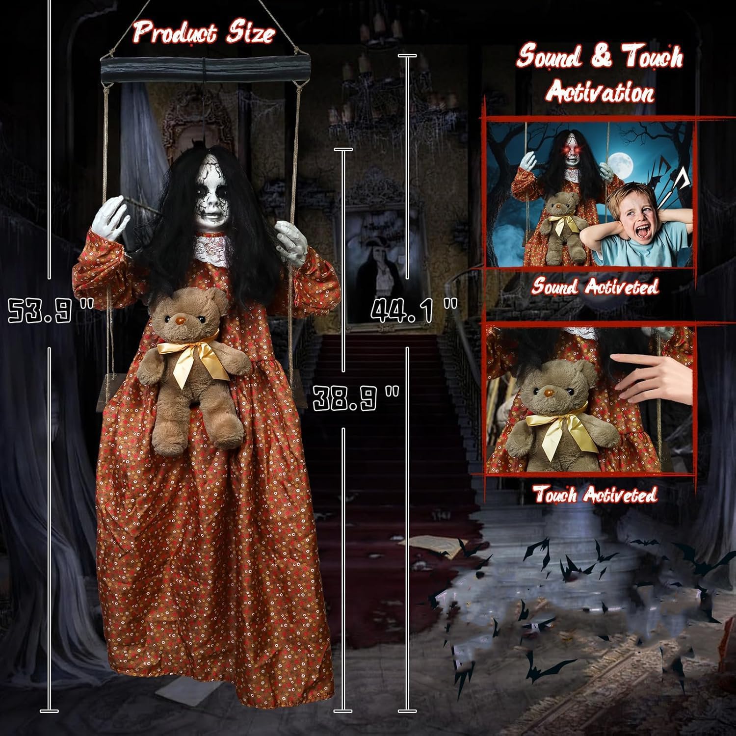 3.9 Ft Halloween Decorations Animatronics Hanging Swinging Girl with Creepy Sound/Light Up Eyes/Scary Expression