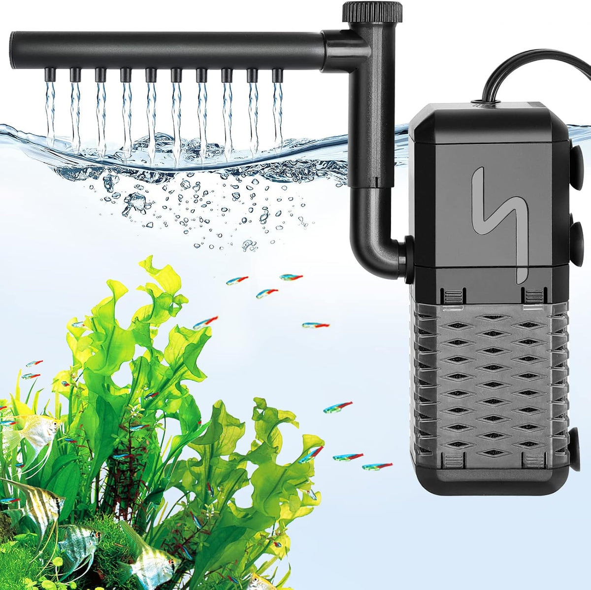 Submersible Aquarium Filter, Adjustable Flow with Aeration System