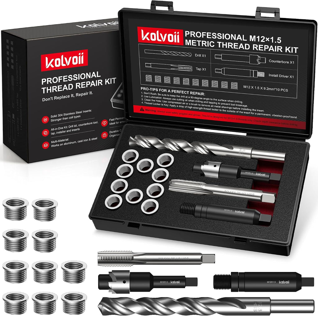 Kolvoii M12x1.5 Thread Repair Kit, 10 Solid 304 Stainless Steel Inserts