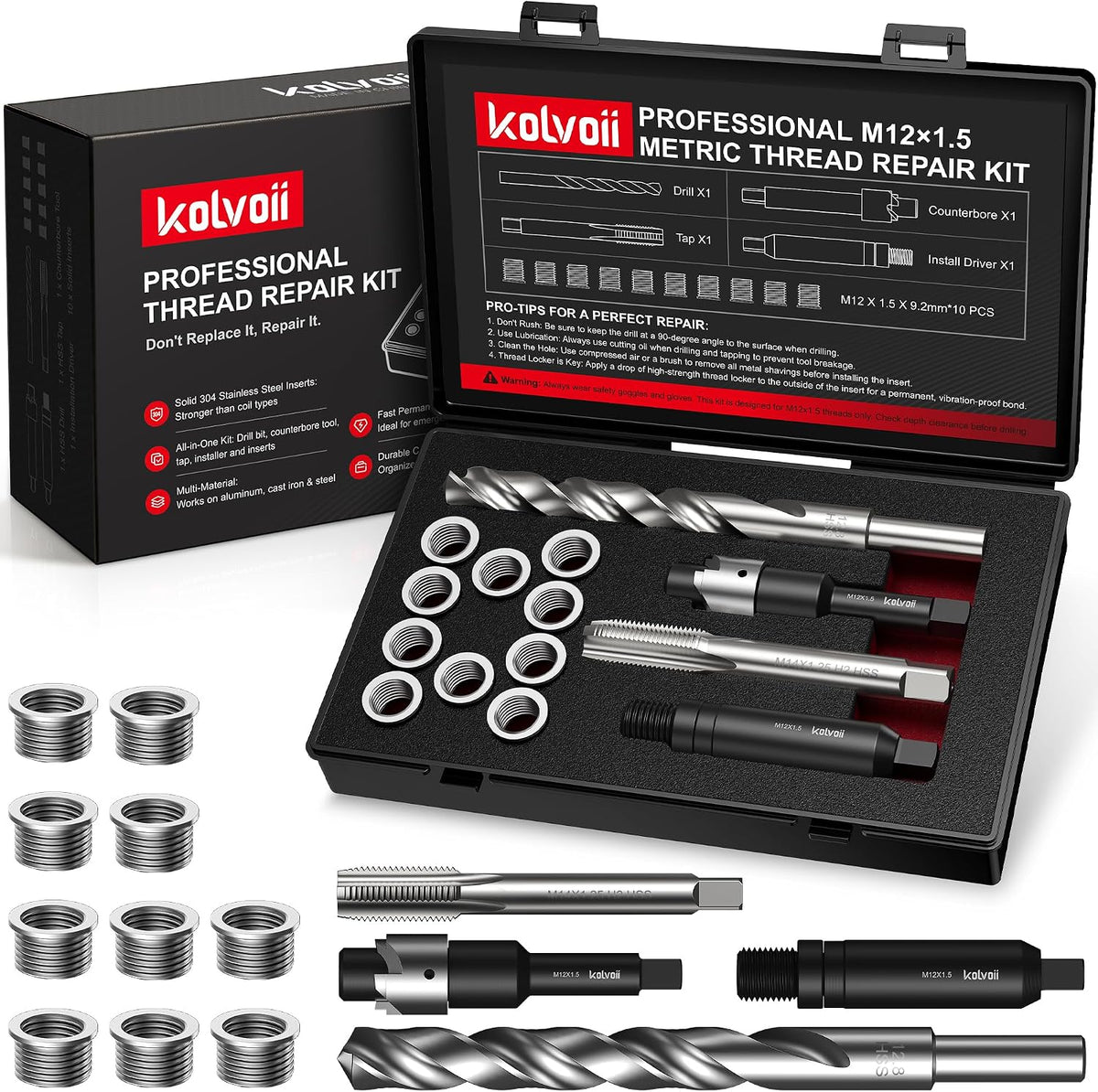 Kolvoii M12x1.5 Thread Repair Kit, 10 Solid 304 Stainless Steel Inserts