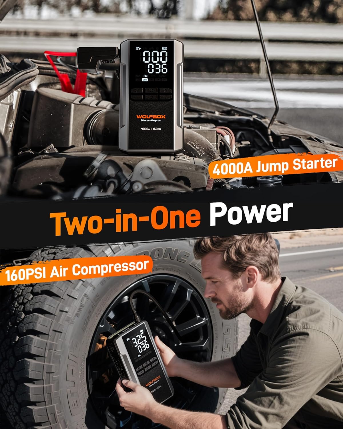 4000A Jump Starter with 160PSI Air Compressor, 12V Car Battery Booster, 88.8Wh Portable Jump Box (10.0 Gas/10.0L