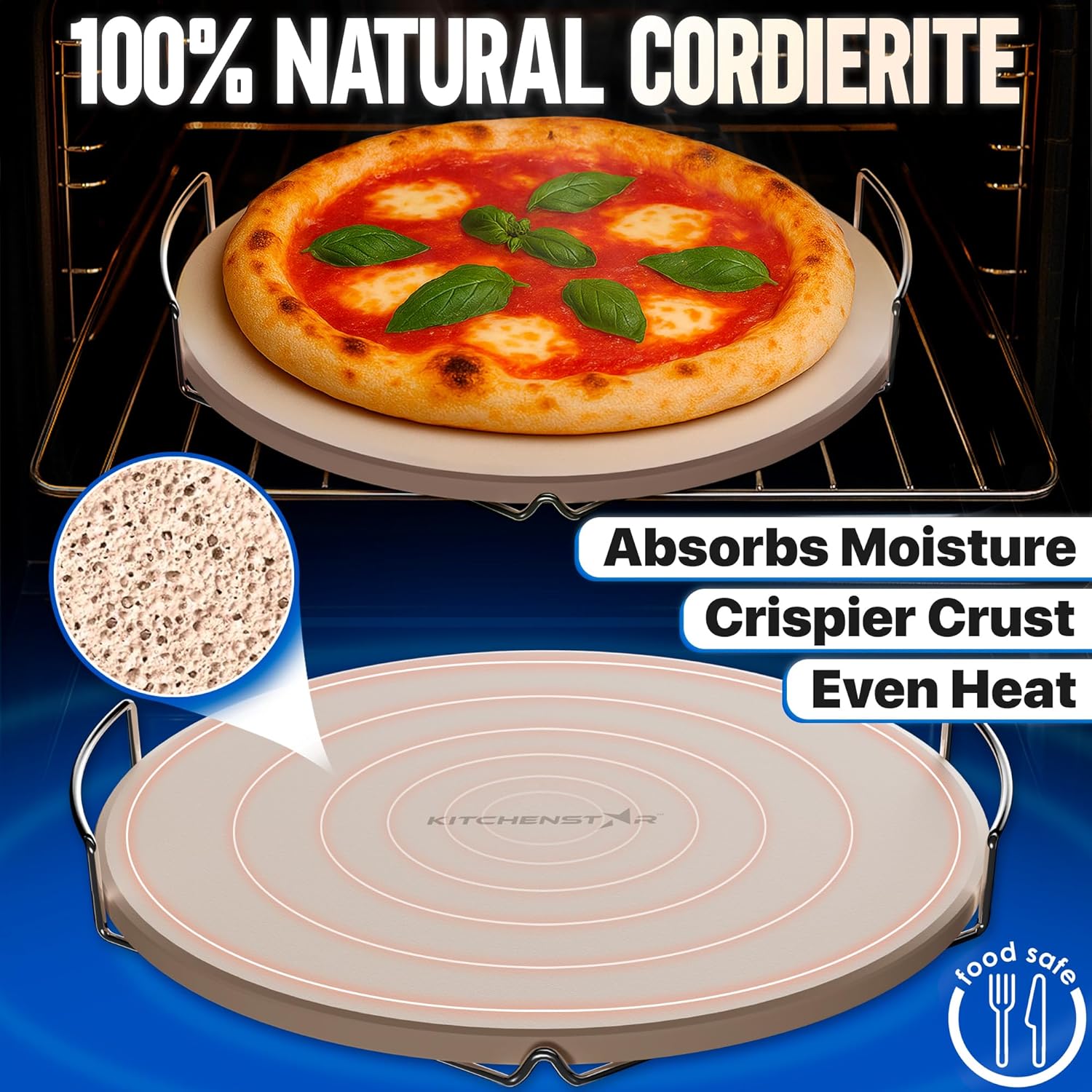 12-inch Pizza Stone for Oven and BBQ Grill with Handles, Round, 5/8" Thick - Natural Cordierite, 1800 °F Resistant