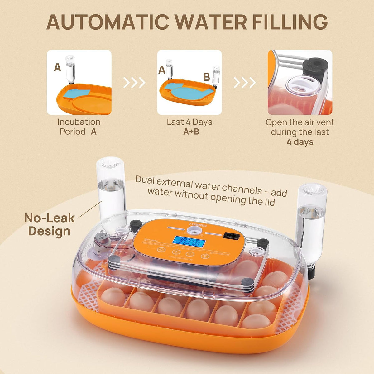 Incubator for Hatching Eggs, Automatic Turning, Temperature & Humidity Control, Built-in Candler, 360° Viewing, 24
