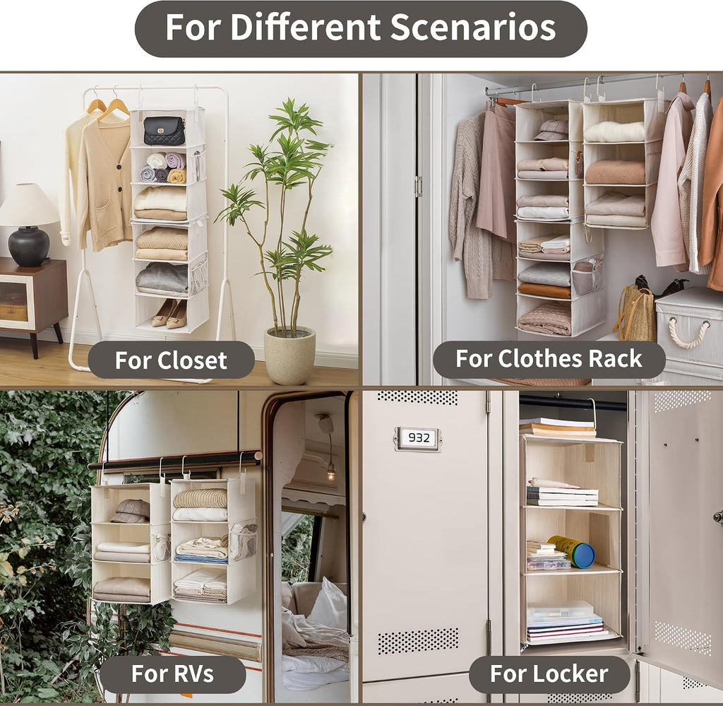 6-Shelf Closet Organizers, Two 3-Shelf Separable Hanging Shelves for Closet, 12" D x 12" W x 48 ¼"H, Mixing of Beige