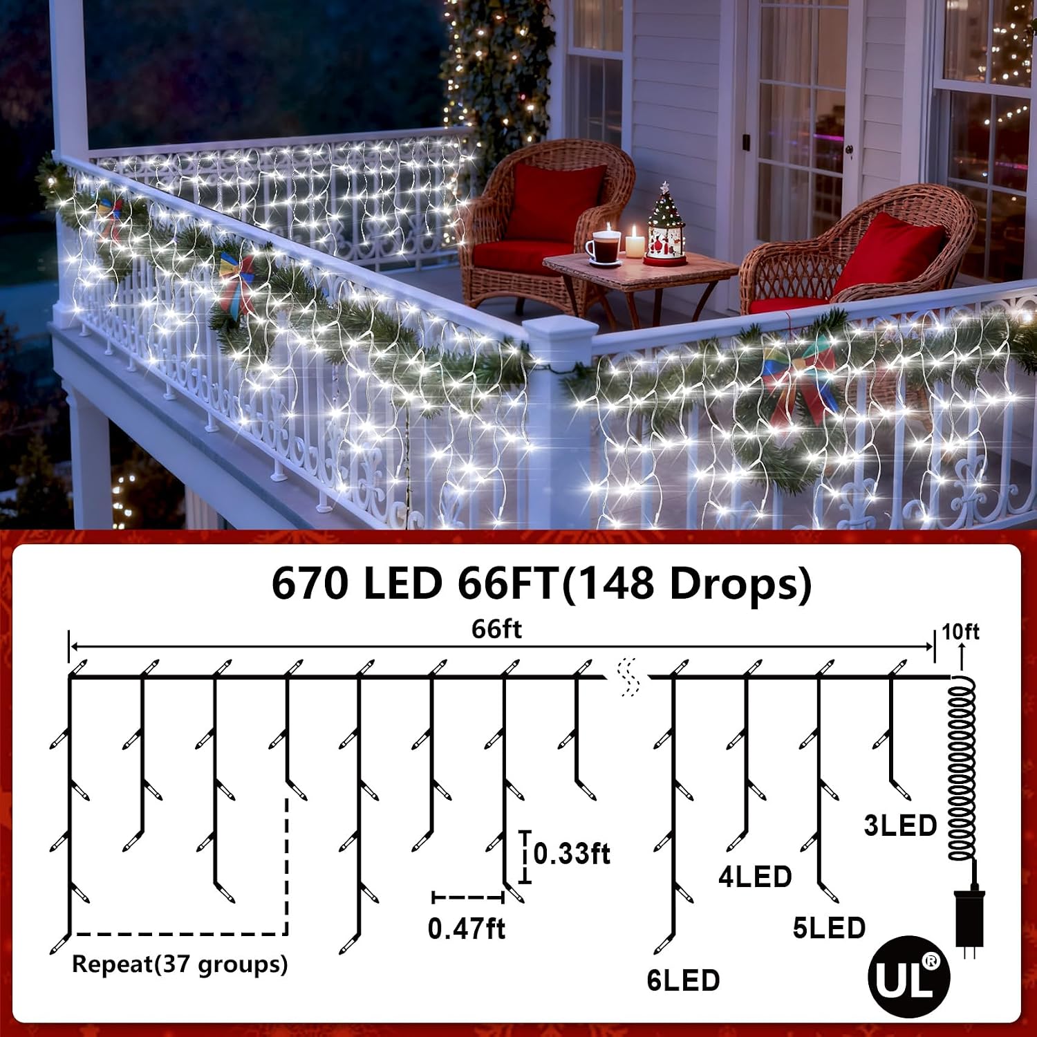 Christmas Icicle Lights Outdoor 66FT 670 LED Drops Cool White | Dimmable, 12 Light Styles, Memory Timer, Waterproof