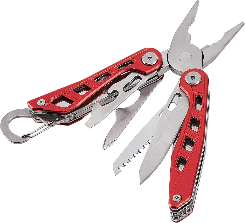 8-in-1 Stainless Steel Multitool with Safety Lock and Nylon Sheath, Red