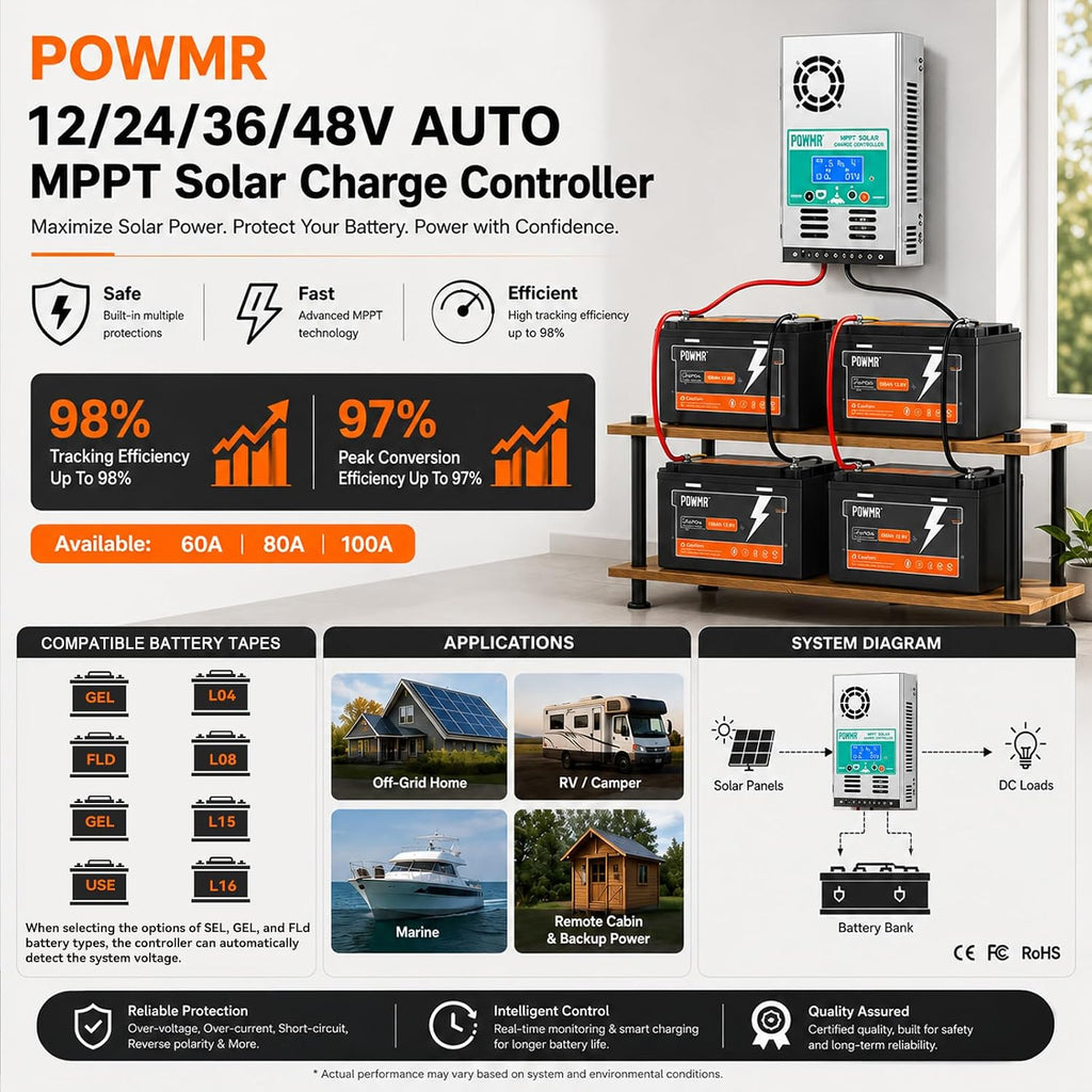 MPPT 60A Solar Charge Controller 12V 24V 36V 48V Auto, Negative Ground Solar Panel Regulator with LCD Display for